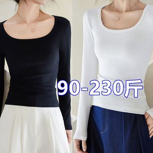 秋冬加大码女装莫代尔内搭打底衫胖mm加绒U领方领加肥长袖T恤上衣