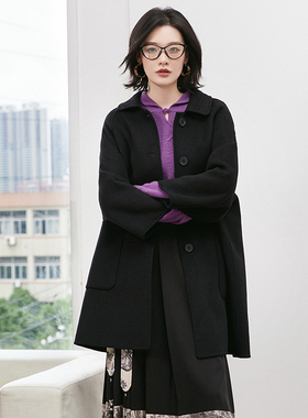 Outlets撤柜正品 HE冬装新款含羊毛宽松长款双面尼毛呢外套大衣女