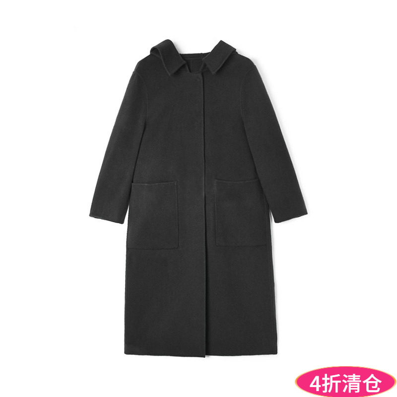 2025年冬Outlets正品 高端HE系列含羊毛连帽双面尼毛呢外套大衣女