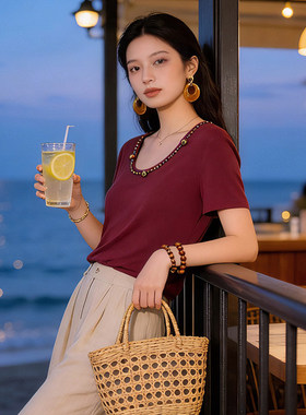 2026年夏装Outlets专柜 深圳南油N系列 串珠领含羊毛上衣针织衫女