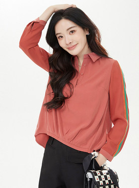 奥莱专柜品牌撤柜正品 YW春装新款 侧边撞色长袖可开扣宽松衬衫女