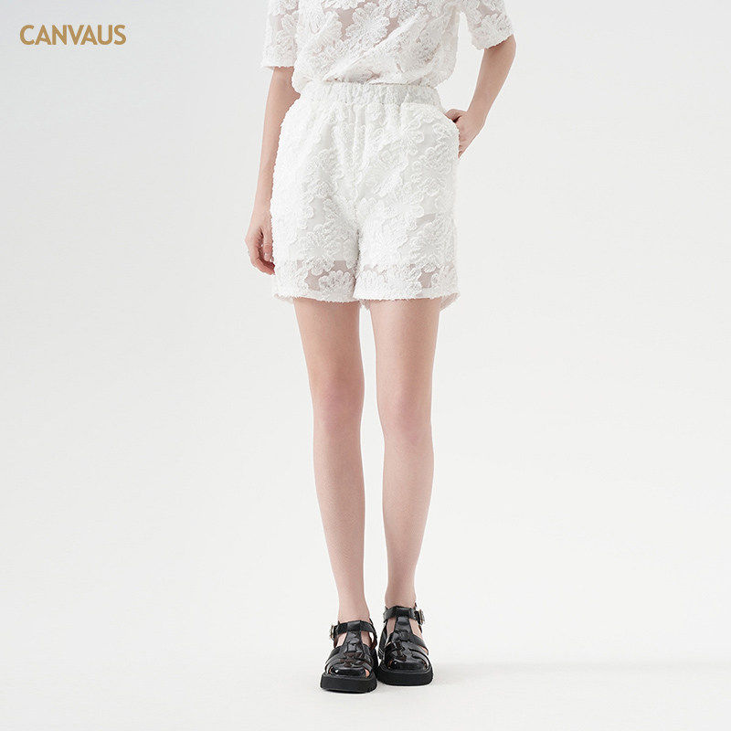 CANVAUS夏装新款 韩版休闲小菊花透视设计百搭中腰短裤+上衣套装