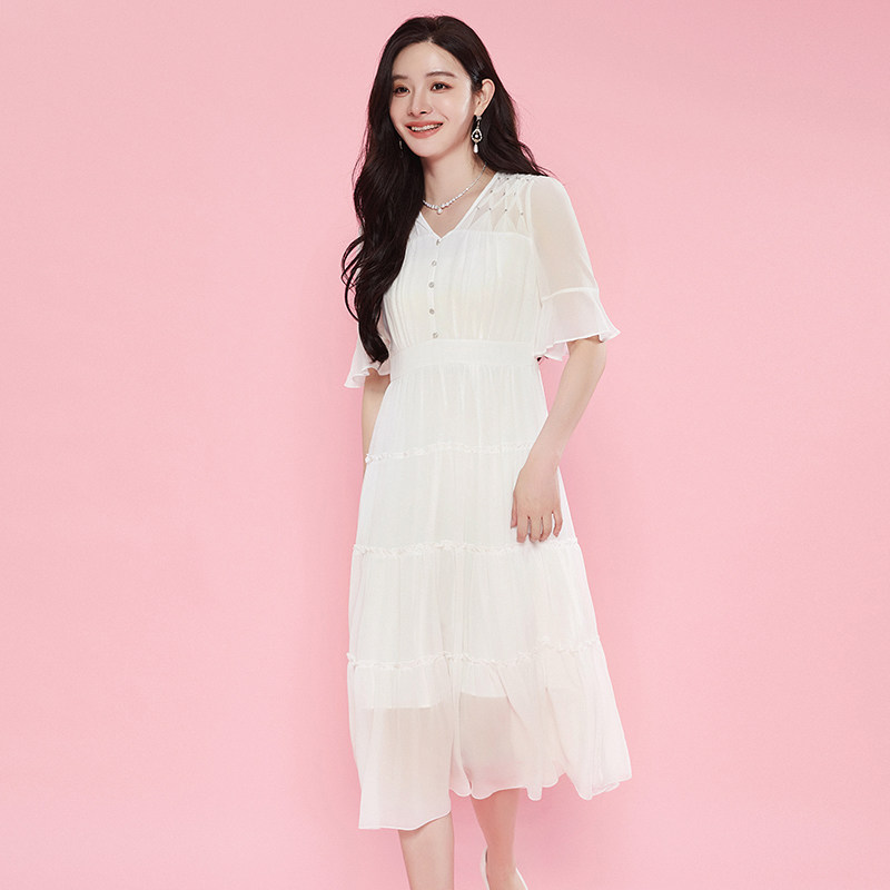 曼天雨专柜撤柜正品 ka夏装2024新款优雅气质五分袖v领裙子连衣裙