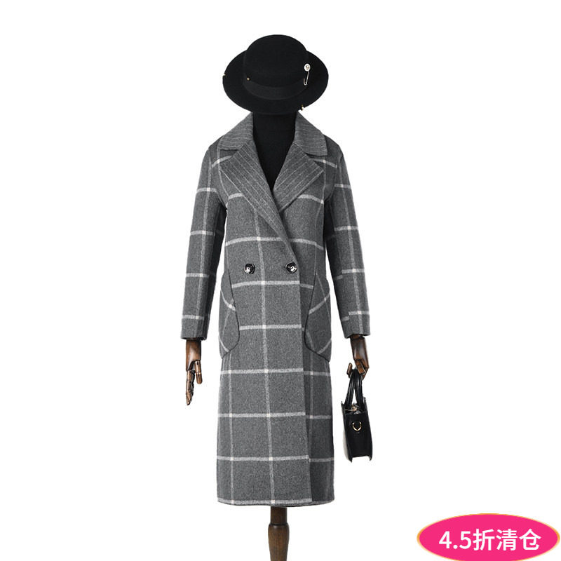 2025年冬Outlets正品 高端HE系列含羊毛格纹双面尼毛呢外套大衣女
