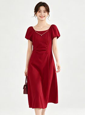 Outlets专柜撤柜正品 LH夏装2026新款珍珠装饰有弹力泡泡袖连衣裙