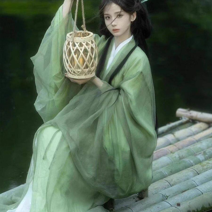 新款魏晋汉服清冷直裾古风绿色古装超仙交领冷风飘逸广袖流仙裙