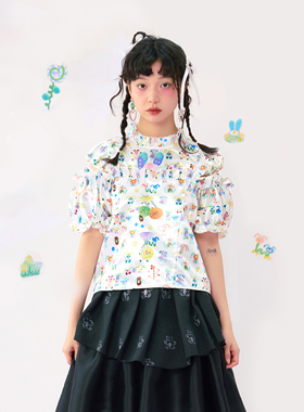 HELPHELP外星社缎面彩色印花短款泡泡袖衬衫