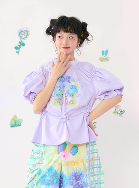 HELPHELP外星社彩色涂鸦蕾丝花边泡泡袖可爱紫色T恤夏日短袖