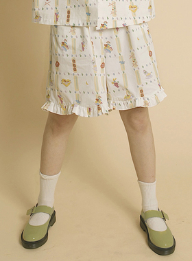 外星社原创好好养生系列夏季满印黄绿竖格纹宽松大下摆短裤五分裤