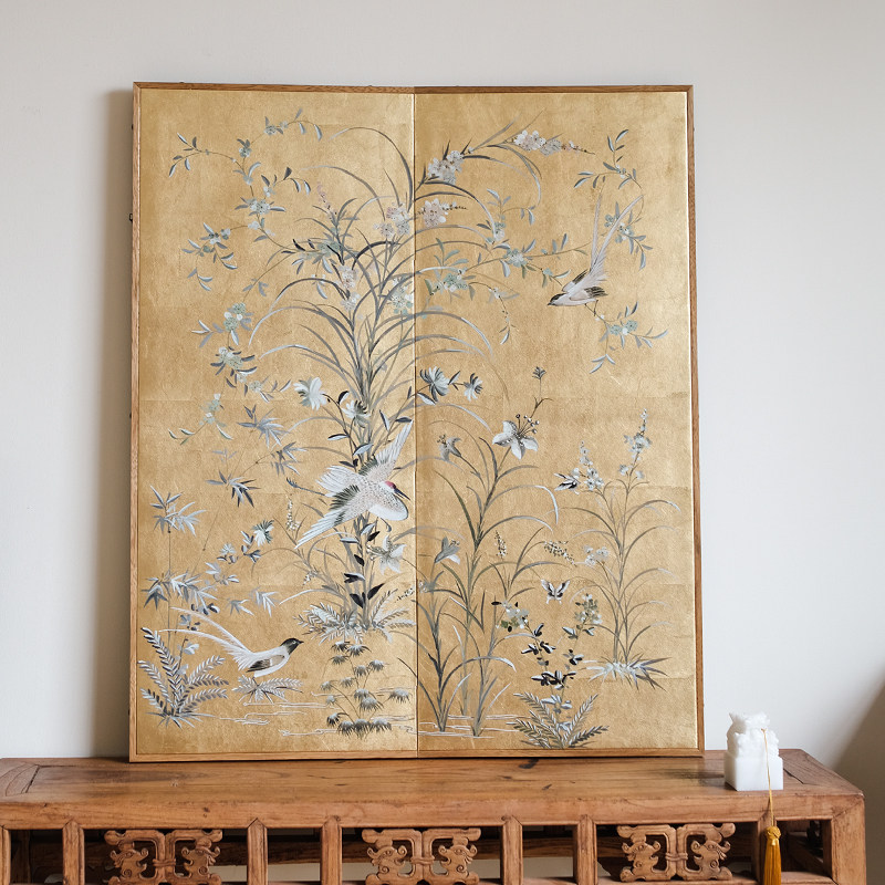 然物集 金箔手绘花鸟图客厅装饰画 轻奢壁画入户玄关挂画新中式