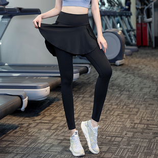 秋季大码运动瑜伽裤裙健身跑步速干假两件一体宽松女遮挡裙裤外穿
