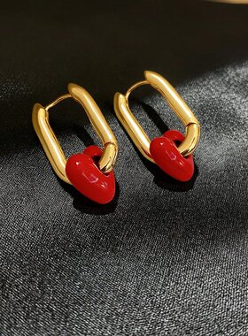红珐琅爱心×金色方扣显白耳扣