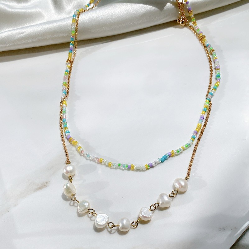 欧美外贸饰品清新甜美度假风设计感双层叠戴锁骨米珠淡水珍珠项链