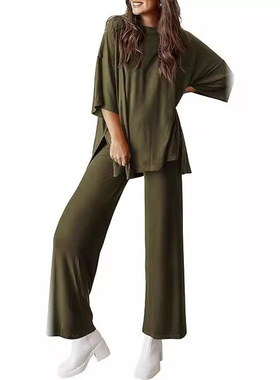 Women 2-piece short sleeved pullover top wide leg pants set