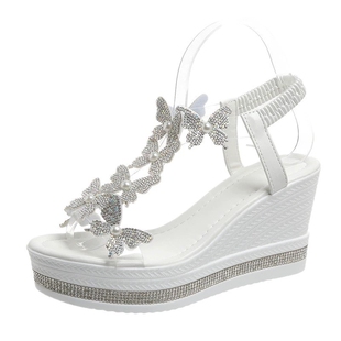 butterfly pearls and diamond stripes Slope heeled sandals
