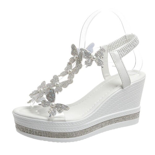 butterfly pearls and diamond stripes Slope heeled sandals
