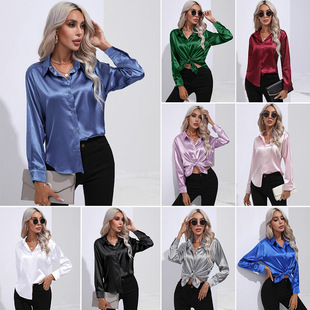 Women's satin imitation silk long sleeved shirt 女士长袖衬衣