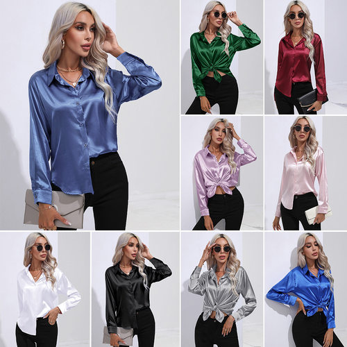 Women's satin imitation silk long sleeved shirt 女士长袖衬衣