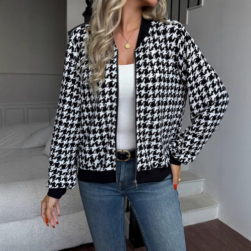 Zipper Thousand Bird Grid Jacket Loose Casual Top Coat 外套