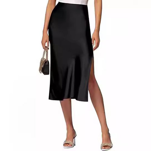 Women's slit satin elastic high waisted dress half skirt