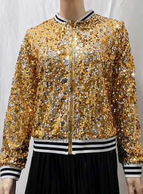 Women's top fashionable gold sequin short zippered jacket