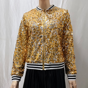 fashionable gold sequin Women zippered top short jacket