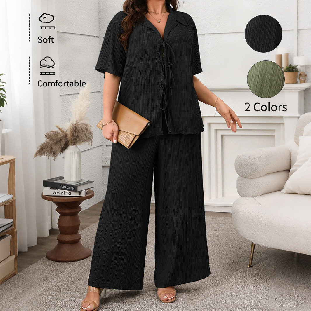 Large size women casual short sleeved top, knitted pants set