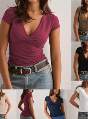 Solid color slim fit stylish spicy girl deep V-neck T-shirt