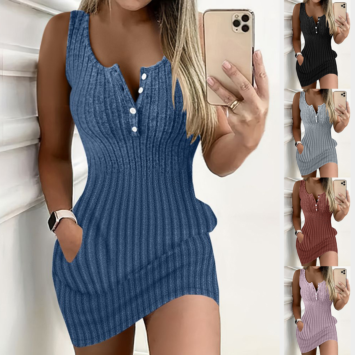 Summer Fashion Simple Solid Color Pit Strip Slimming Dress