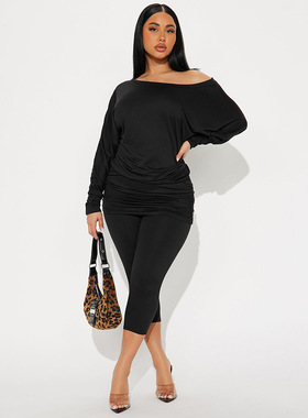 stacked pleated long sleeved top and cropped pants set 套装