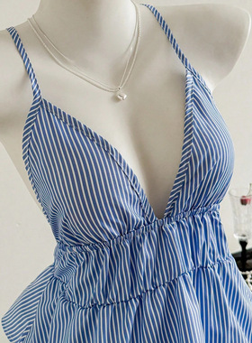 V-neck striped cross suspender top 吊带V领条纹众交叉背带上衣
