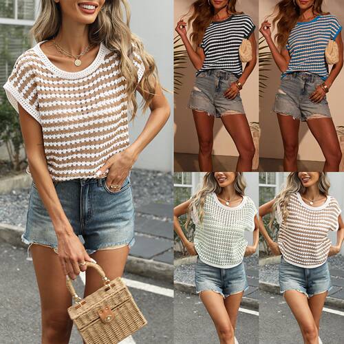 Knitted short sleeved striped casual women's pullover top