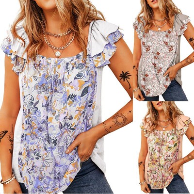 Short sleeved Bohemian floral print vest T-shirt top T恤上衣
