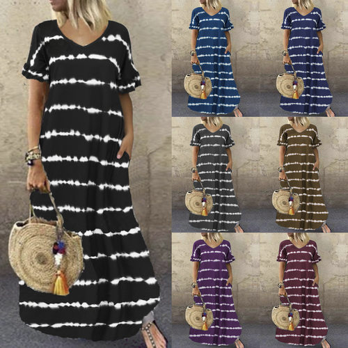 V-neck striped printed long skirt, plus size casual dress