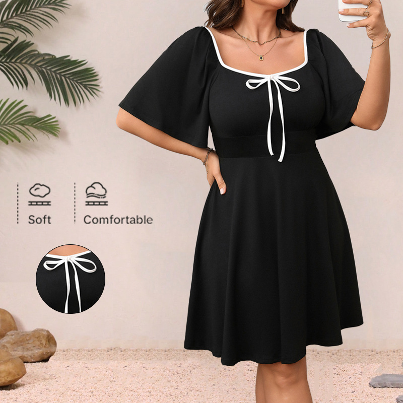 women's loose short sleeved square neck bow long skirt 女裙
