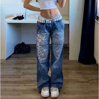 Irregular printed loose pants, low waisted pleated jeans 裤