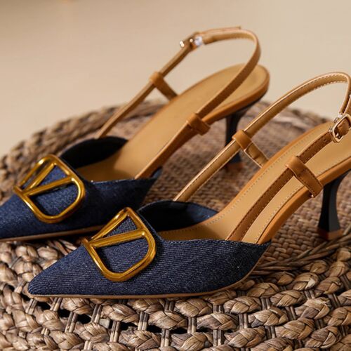 Sharp pointed thin single shoes, denim high heels sandals