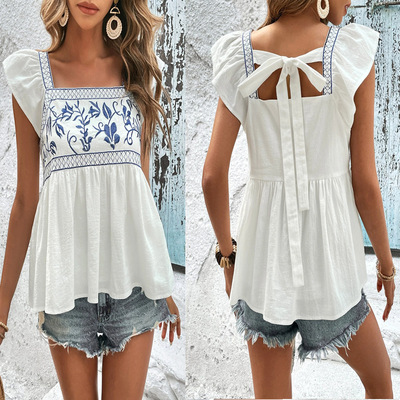 embroidere lace up square neck flying sleeve ruffle edge top