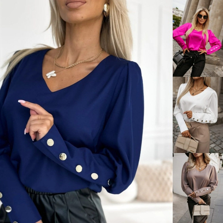 Fashionable long sleeved button solid color V-neck shirt top