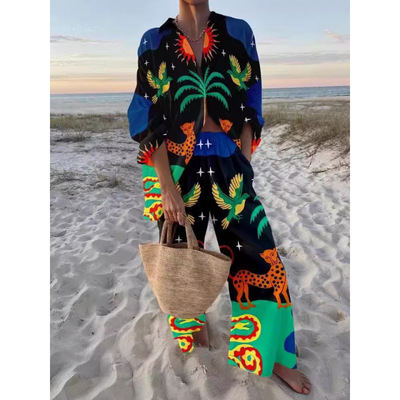 Mid long sleeved lapel shirt casual vacation pants set 套装