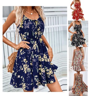 short Sleeveless skirt suspender print dress pullover