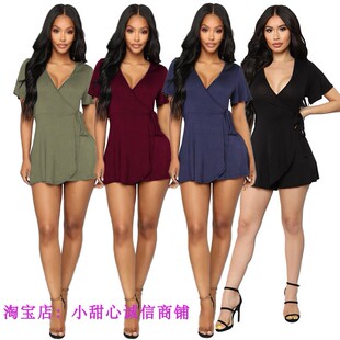Women's casual and fashionable short V-neck jumpsuit 连体裤