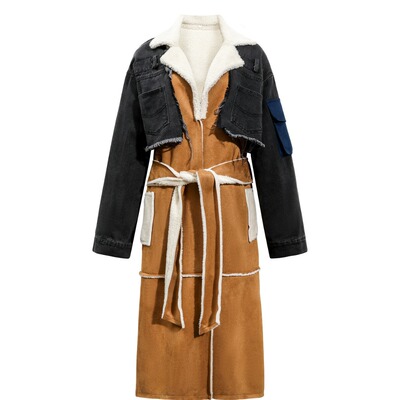 New denim patchwork hooded thick long cotton jacket