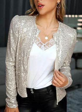 Women's top fashion sequin short casual jacket 亮片休闲外套