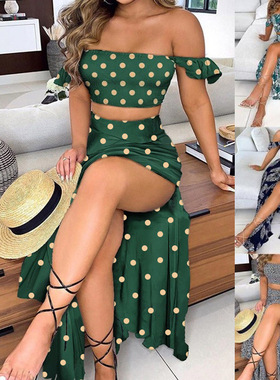 Bohemian print sexy off shoulder one neck top slit skirt set