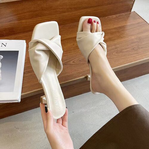 one line cooldown, high-heeled shoes, women's half slippers