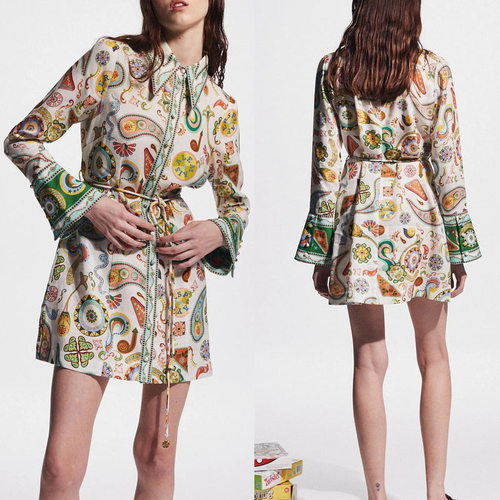 Collar tied waistband printed vacation long sleeved dress