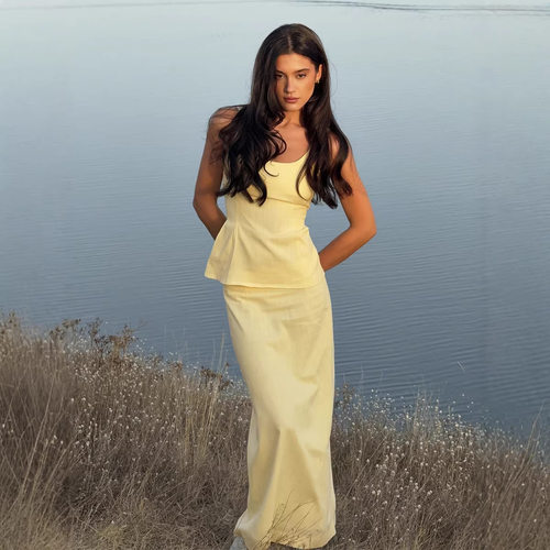 New suspender waist cinching top+fishtail long skirt set