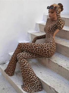 Women's leopard printed long sleeved backless jumpsuit连体衣