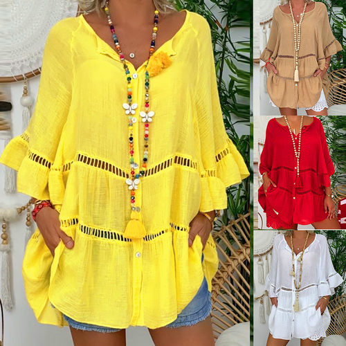 V-neck loose button hollow out plus size top dress 连衣裙